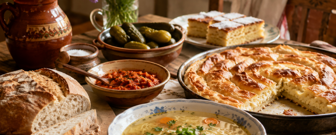 Domaća supa, sveže pečen hleb i pita sa sirom na tradicionalnoj porodičnoj trpezi koja budi mirise detinjstva.