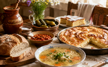 Domaća supa, sveže pečen hleb i pita sa sirom na tradicionalnoj porodičnoj trpezi koja budi mirise detinjstva.