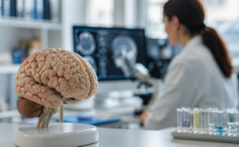 Anatomski model ljudskog mozga u istraživačkoj laboratoriji, dok naučnik analizira neurološke snimke u pozadini.