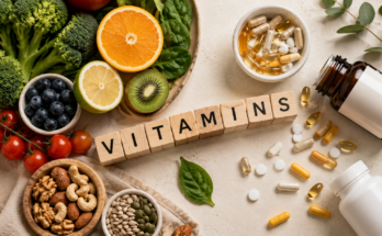 Sveže voće, povrće, orašasti plodovi i bočice sa vitaminima i suplementima na svetloj podlozi, kao ilustracija teme o istinama i zabludama o vitaminima.