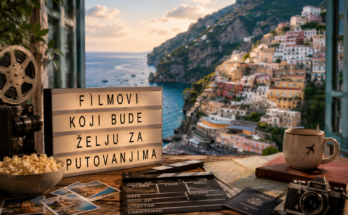 Vintage filmska kamera, putna mapa, pasoš, avionska karta i filmska klapa ispred mediteranskog primorskog grada, simbol filmova koji inspirišu putovanja i otkrivanje novih destinacija.