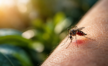 Makro fotografija komarca koji ubada ljudsku kožu sa vidljivim crvenilom na mestu ujeda, ilustracija za članak o tome šta zaista pomaže kod ujeda komaraca.
