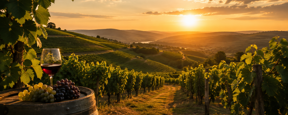 Pogled na vinograd u Srbiji tokom zalaska sunca, sa redovima vinove loze, čokotima grožđa i čašom crnog vina u prvom planu, ilustracija za članak o vinskim rutama Srbije.