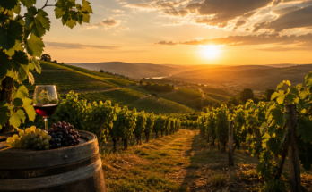 Pogled na vinograd u Srbiji tokom zalaska sunca, sa redovima vinove loze, čokotima grožđa i čašom crnog vina u prvom planu, ilustracija za članak o vinskim rutama Srbije.