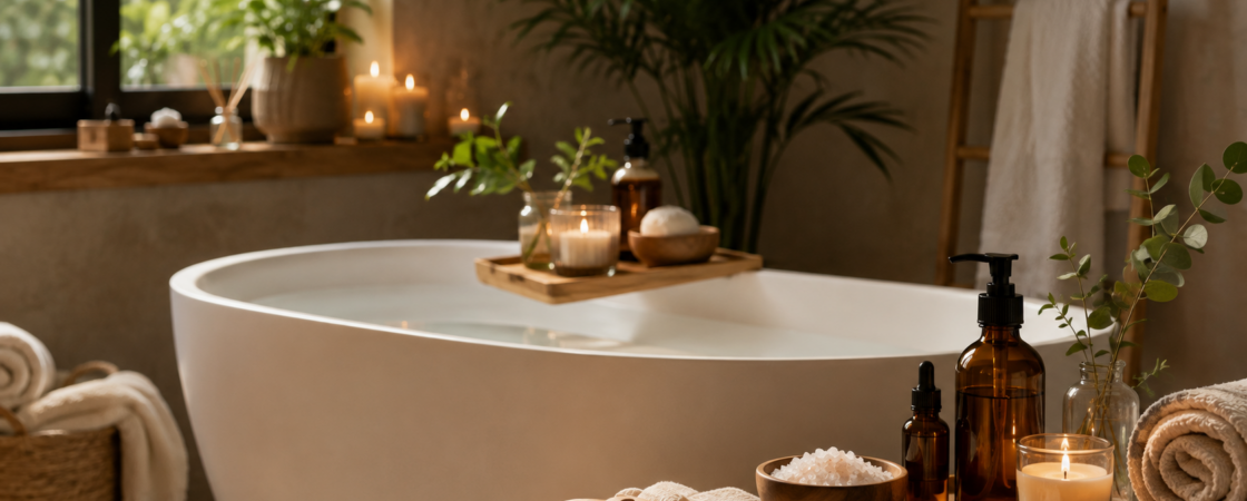 Kućni spa kutak sa kadom, mirisnim svećama, peškirima, eteričnim uljima i prirodnim detaljima u opuštajućem ambijentu.