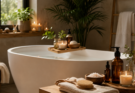 Kućni spa kutak sa kadom, mirisnim svećama, peškirima, eteričnim uljima i prirodnim detaljima u opuštajućem ambijentu.