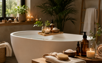 Kućni spa kutak sa kadom, mirisnim svećama, peškirima, eteričnim uljima i prirodnim detaljima u opuštajućem ambijentu.