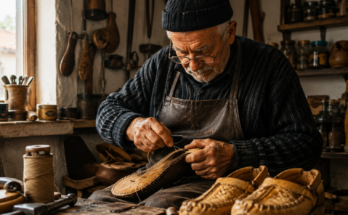 Opančar u tradicionalnoj zanatskoj radionici ručno izrađuje kožni opanak koristeći stare zanatske tehnike.