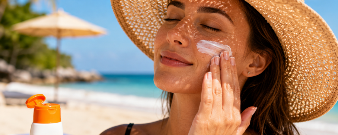 Žena na plaži nanosi kremu sa zaštitnim faktorom na lice tokom sunčanog letnjeg dana kako bi zaštitila kožu od UV zračenja.
