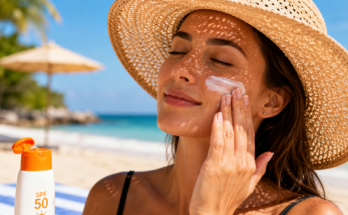 Žena na plaži nanosi kremu sa zaštitnim faktorom na lice tokom sunčanog letnjeg dana kako bi zaštitila kožu od UV zračenja.