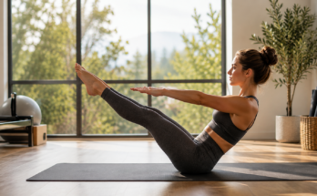 Žena izvodi pilates vežbu na prostirci u svetlom studiju sa velikim prozorima i prirodnim osvetljenjem.