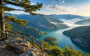 Pogled sa vidikovca Banjska stena na jezero Perućac, reku Drinu i guste četinarske šume Nacionalnog parka Tara tokom sunčanog dana.