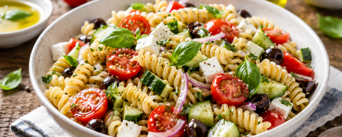 Salata sa testeninom, čeri paradajzom, krastavcem, feta sirom, crnim maslinama i svežim bosiljkom servirana u beloj činiji na drvenom stolu.