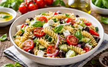 Salata sa testeninom, čeri paradajzom, krastavcem, feta sirom, crnim maslinama i svežim bosiljkom servirana u beloj činiji na drvenom stolu.