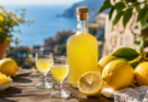 Domaći limončelo u staklenoj boci sa svežim limunovima i čašama na drvenom stolu, uz pogled na mediteransku obalu.
