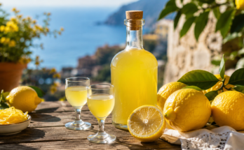 Domaći limončelo u staklenoj boci sa svežim limunovima i čašama na drvenom stolu, uz pogled na mediteransku obalu.