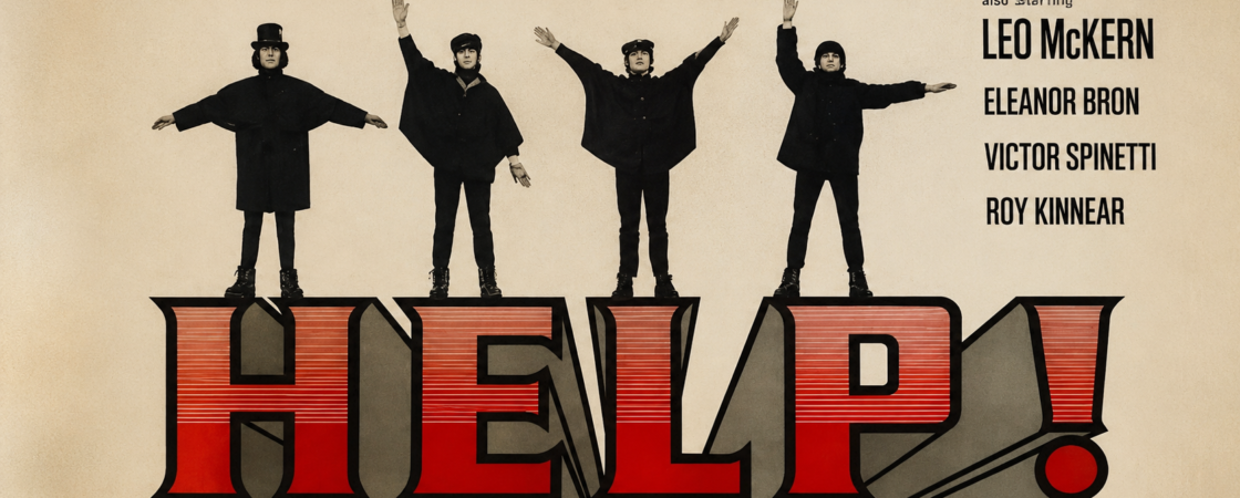 Omot legendarnog albuma „Help!” britanske rok grupe The Beatles, objavljenog 6. avgusta 1965. godine, sa članovima benda u karakterističnim pozama iznad velikog natpisa „HELP!”.