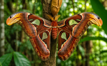 Atlas moljac (Attacus atlas) raširenih krila na stablu u tropskoj šumi.