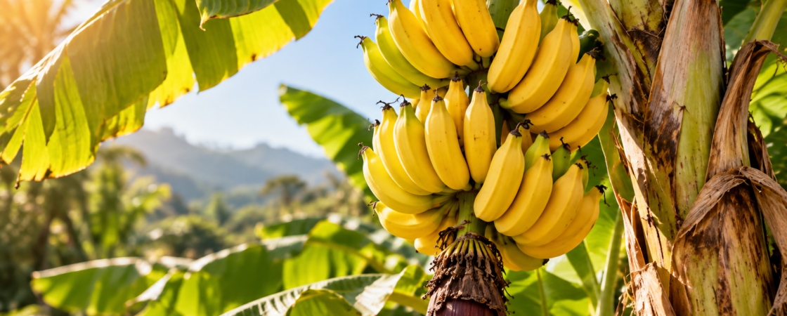 Zrela banana na biljci okružena velikim zelenim listovima, koja pokazuje da banana nije drvo već zeljasta biljka.
