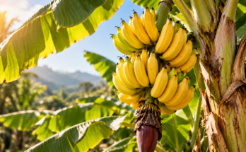 Zrela banana na biljci okružena velikim zelenim listovima, koja pokazuje da banana nije drvo već zeljasta biljka.
