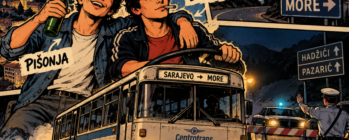 Pišonja i Žuga – ilustracija u stilu retro stripa o dvojici sarajevskih tinejdžera i njihovoj avanturi sa autobusom na putu prema moru.
