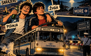 Pišonja i Žuga – ilustracija u stilu retro stripa o dvojici sarajevskih tinejdžera i njihovoj avanturi sa autobusom na putu prema moru.