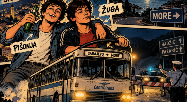 Pišonja i Žuga – ilustracija u stilu retro stripa o dvojici sarajevskih tinejdžera i njihovoj avanturi sa autobusom na putu prema moru.